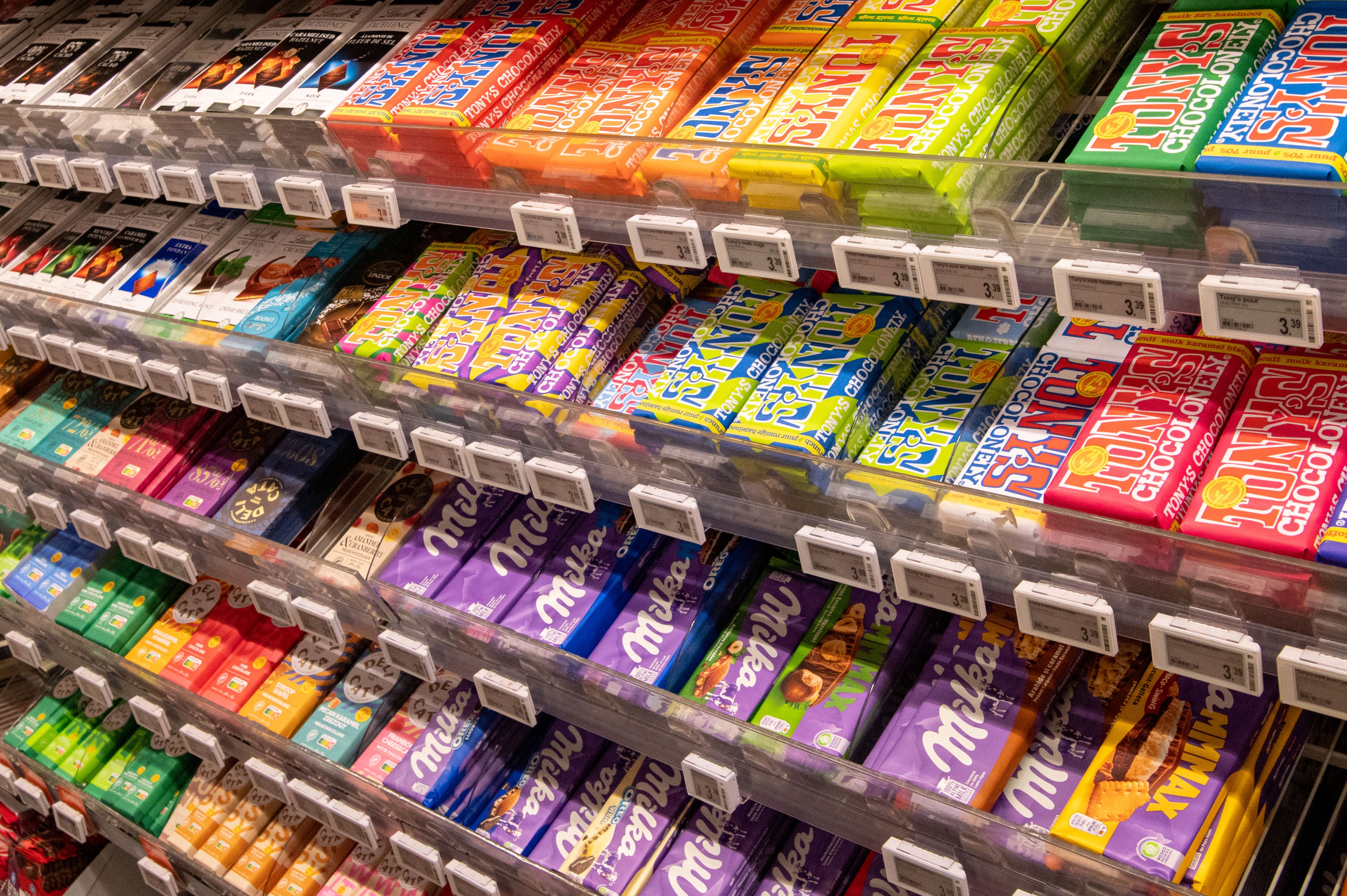 Shelves of chocolate bars in a shop